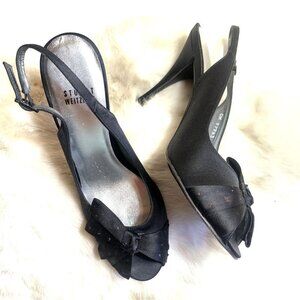 Stuart Weitzman NEW Pointed Peep Toe Slingback Heels Shoe Black Fabric Pin up